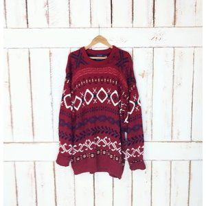 Vintage red slouchy knit snow cabin sweater/90s cotton sweater/tribal Aztec prin